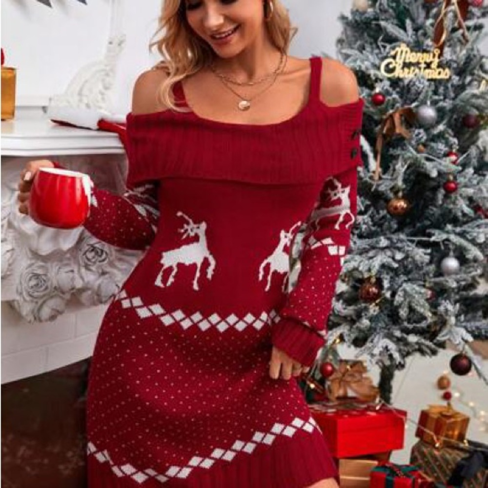 Red Off-Shoulder Reindeer Knit Sweater Dress
